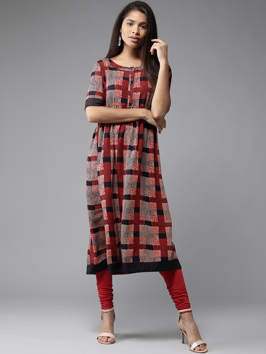 

HERE&NOW Women Red & Black Checked A-Line Kurta