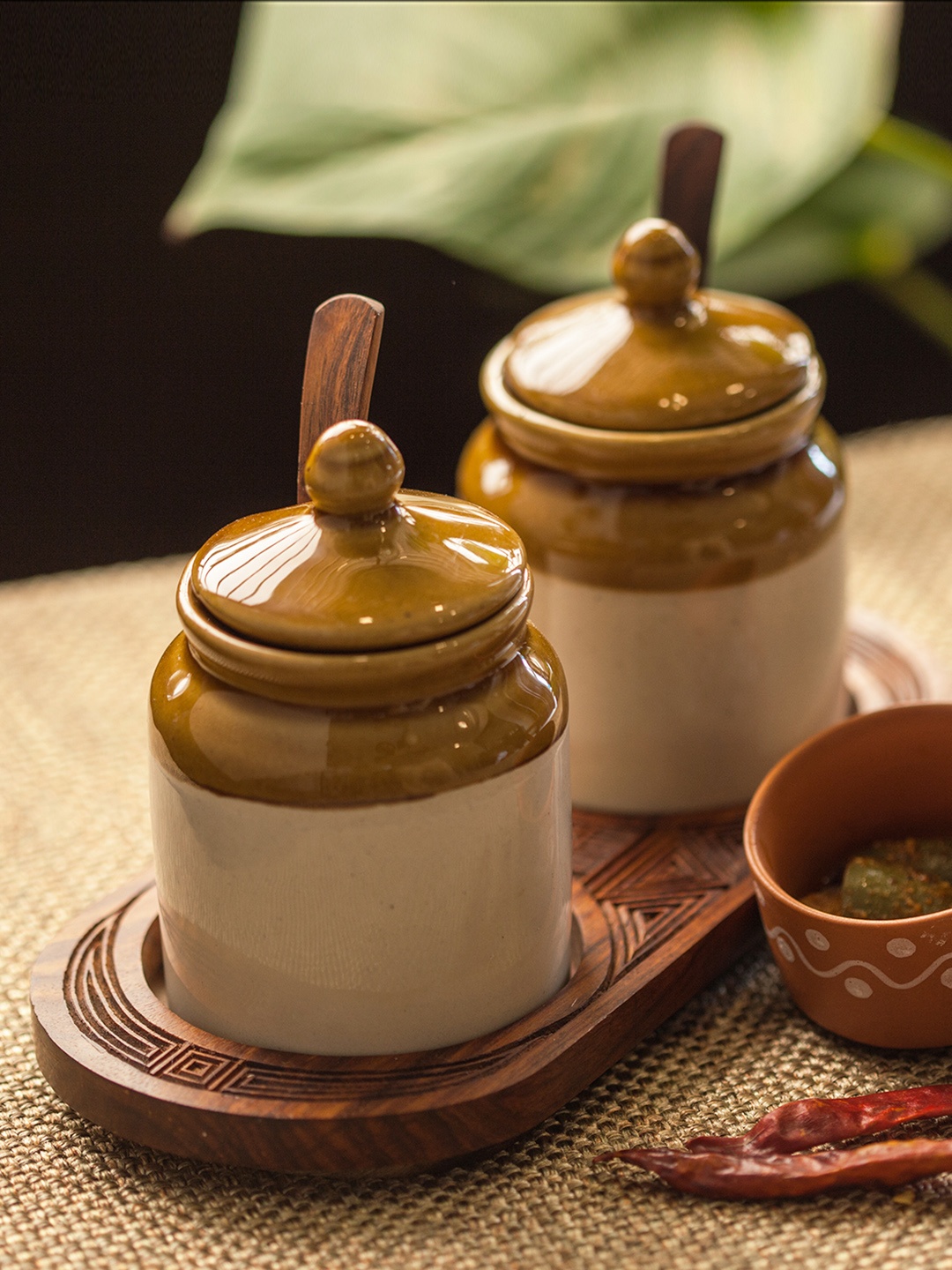 

ExclusiveLane Old Fashioned Ceramic Jars With Hand Carved Wooden Tray, Beige