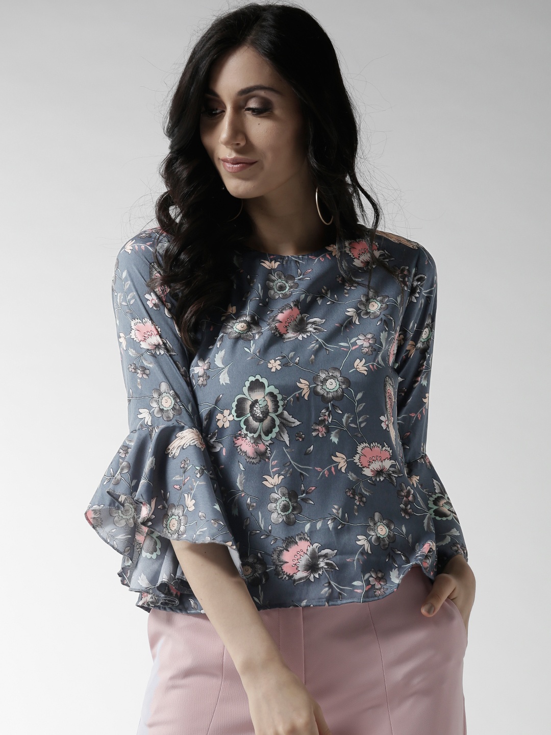 

Style Quotient Women Grey Floral Print Top