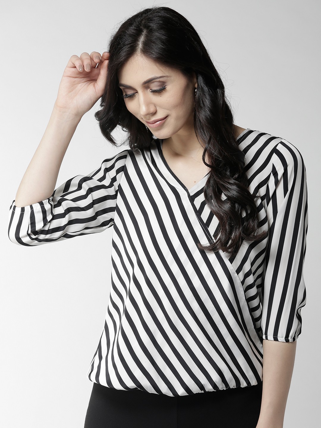 

Style Quotient Women Black & Off-White Striped Wrap Top