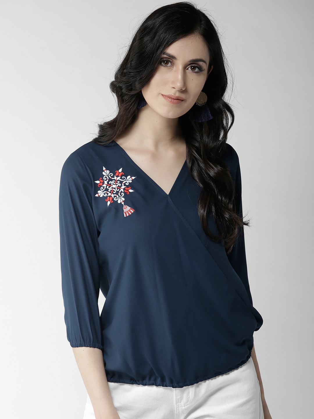 

Style Quotient Women Navy Blue Embroidered Detail Wrap Top