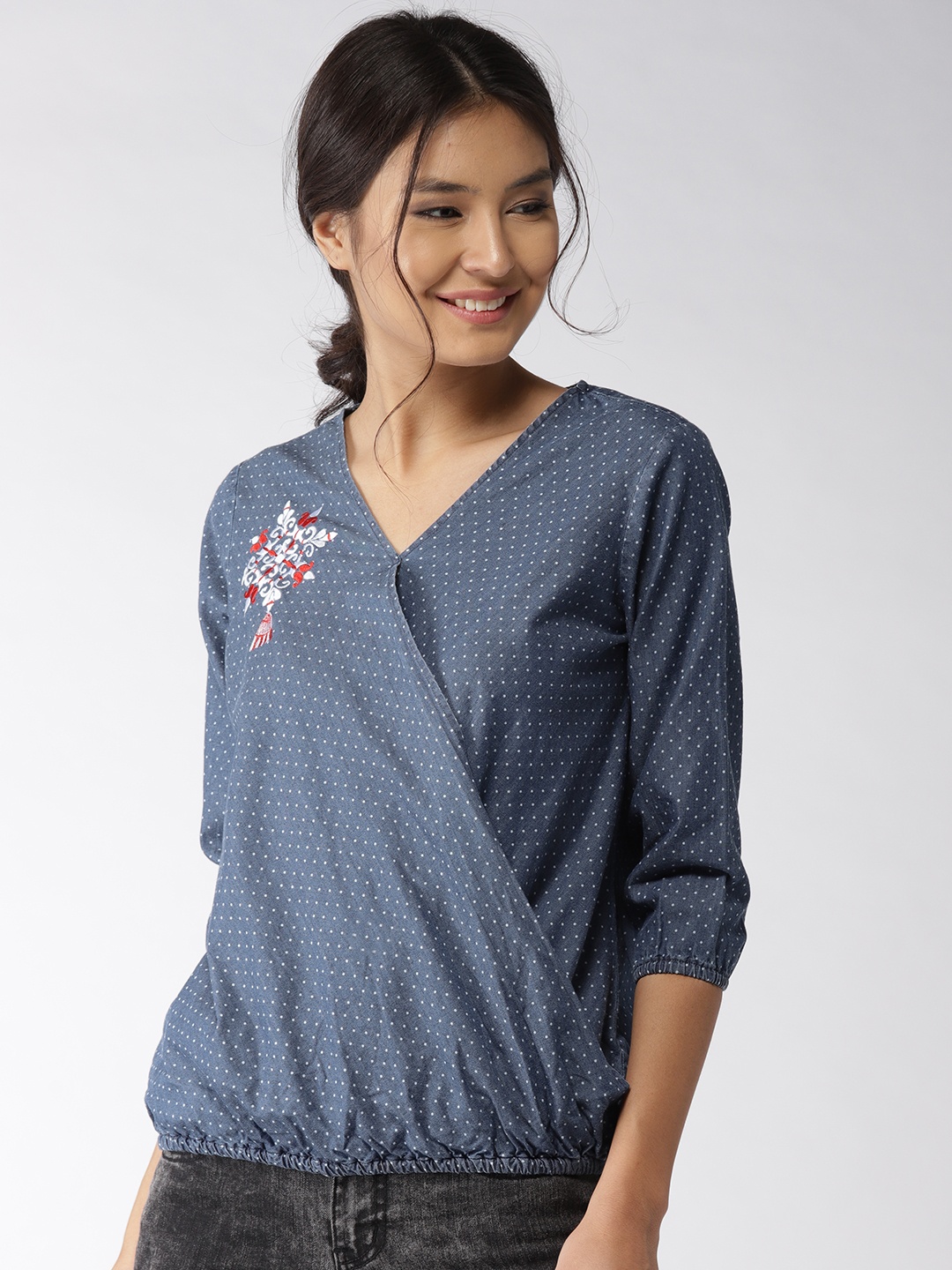 

Style Quotient Women Blue Chambray Printed Wrap Top