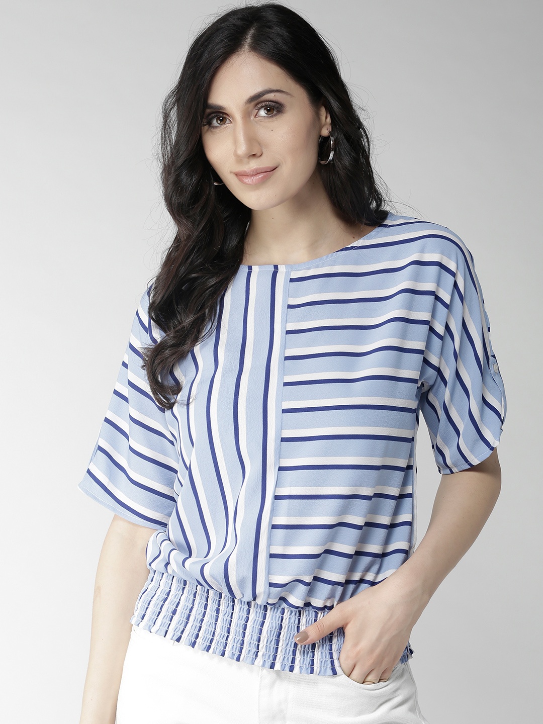 

Style Quotient Women Blue & White Striped Blouson Top
