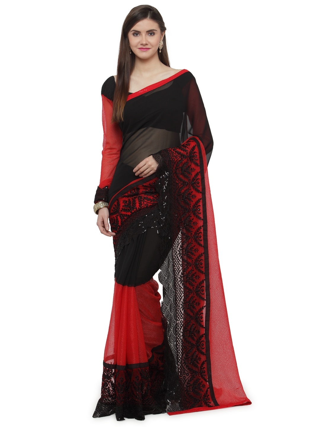 

Shaily Black & Red Pure Georgette Woven Design Saree