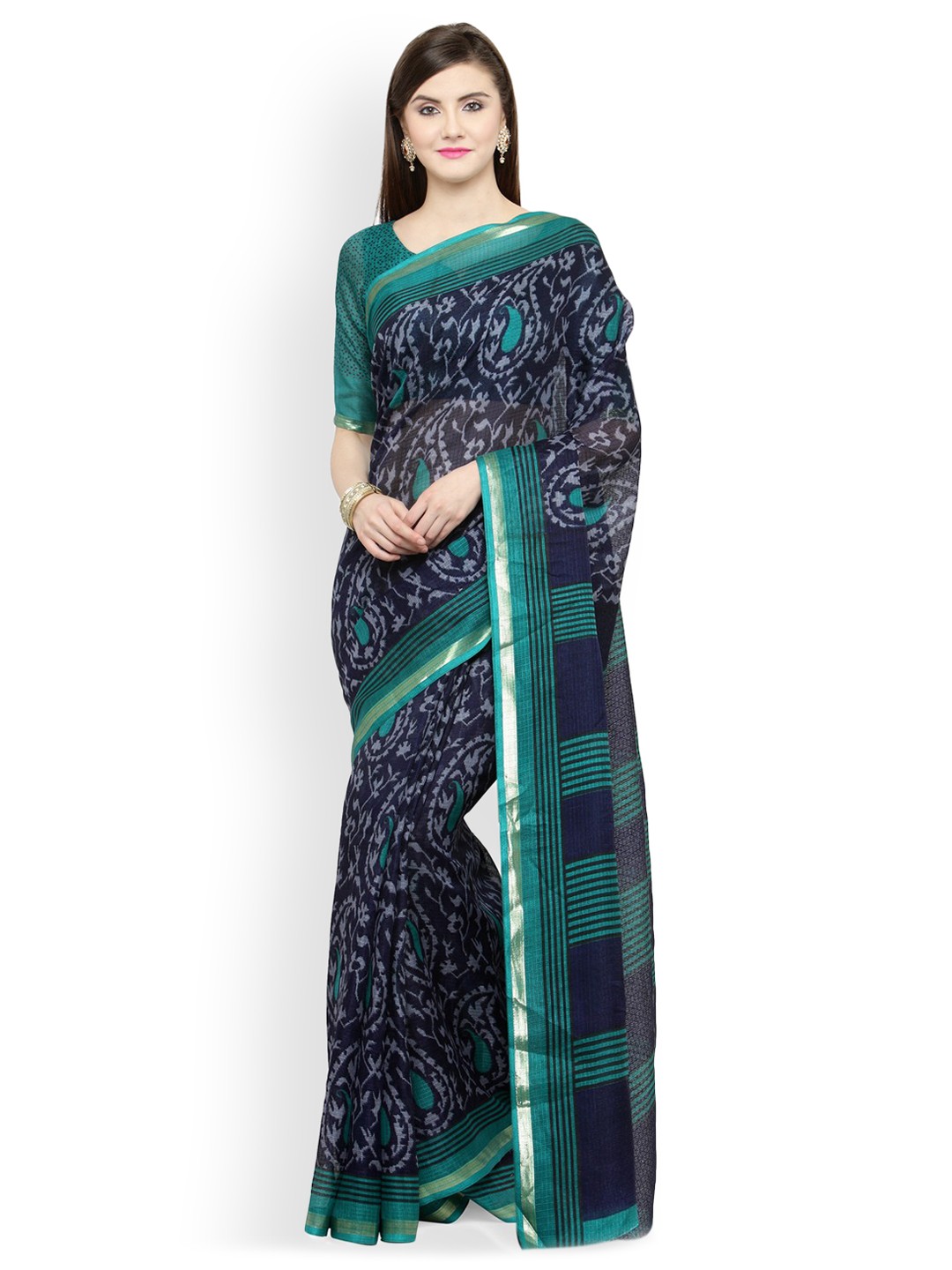 

Shaily Blue & Green Silk Cotton Printed Saree