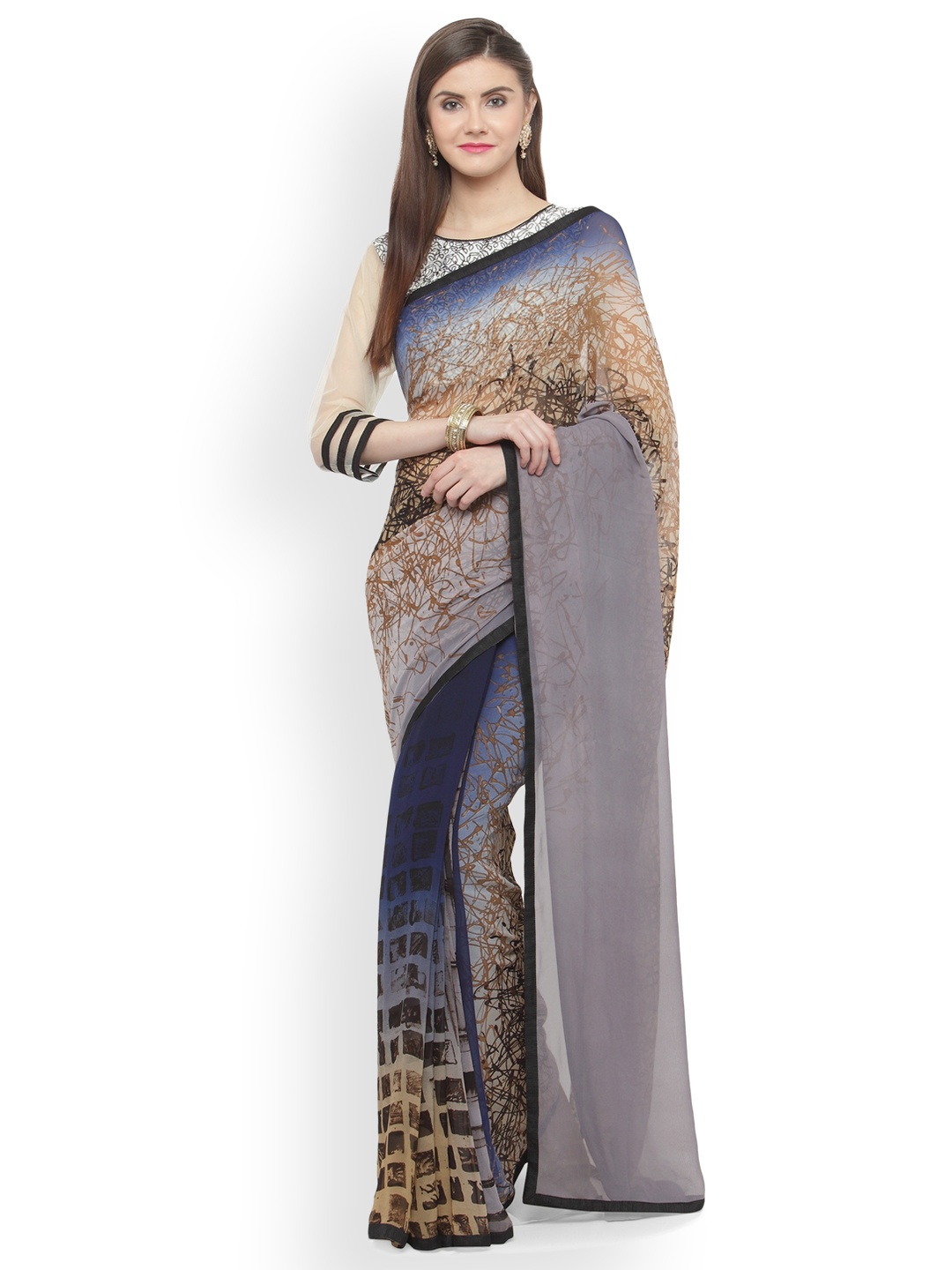 

Shaily Beige & Grey Pure Georgette Embellished Saree
