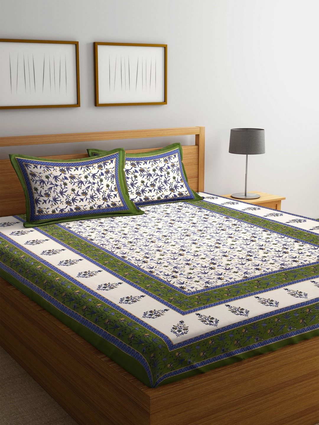 

Rajasthan Decor Off-White & Green Floral Flat 144 TC Cotton 1 King Bedsheet with 2 Pillow Covers