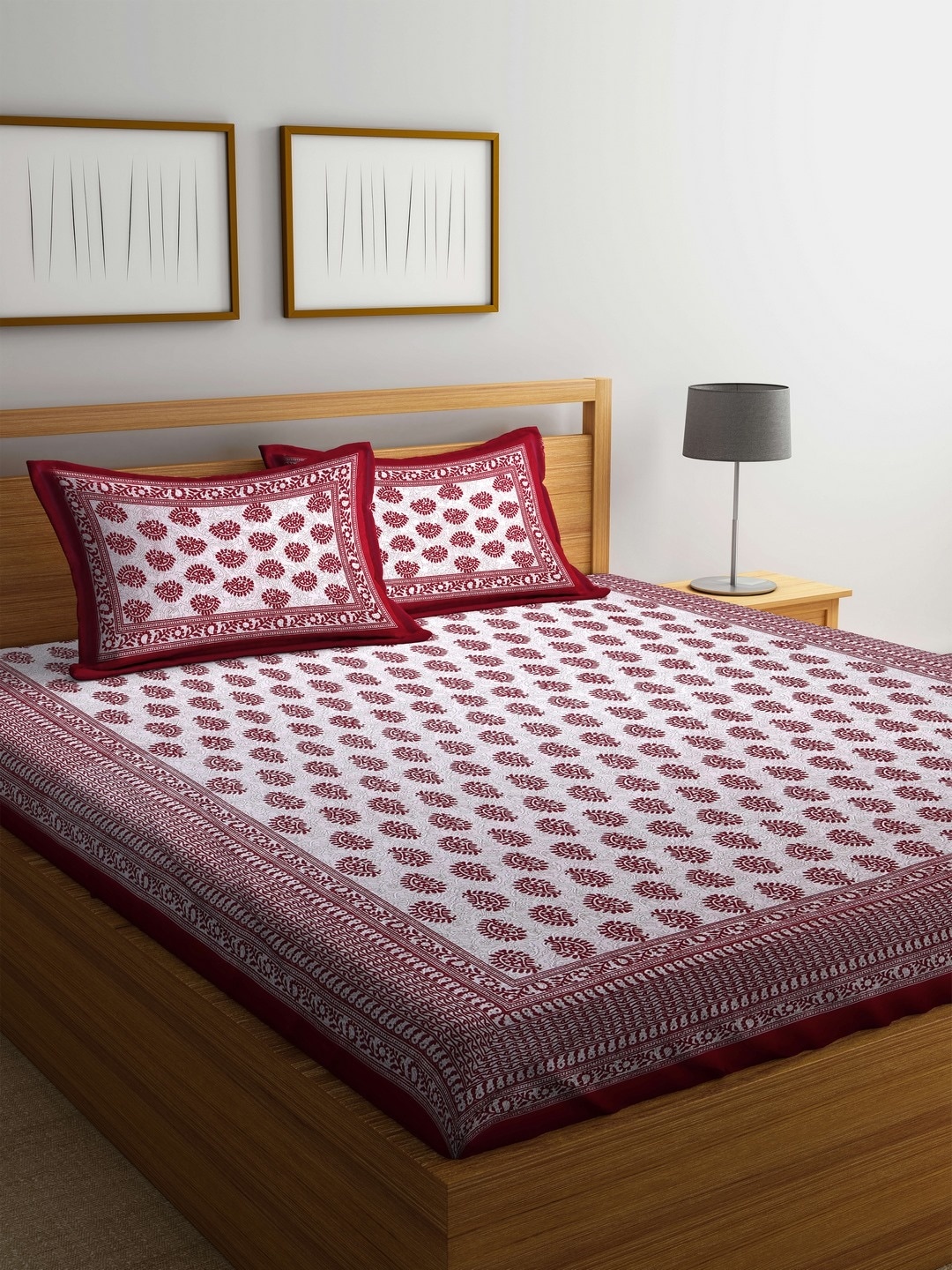 

Rajasthan Decor White & Red Ethnic Motifs Flat 144 TC Cotton 1 King Bedsheet with 2 Pillow Covers