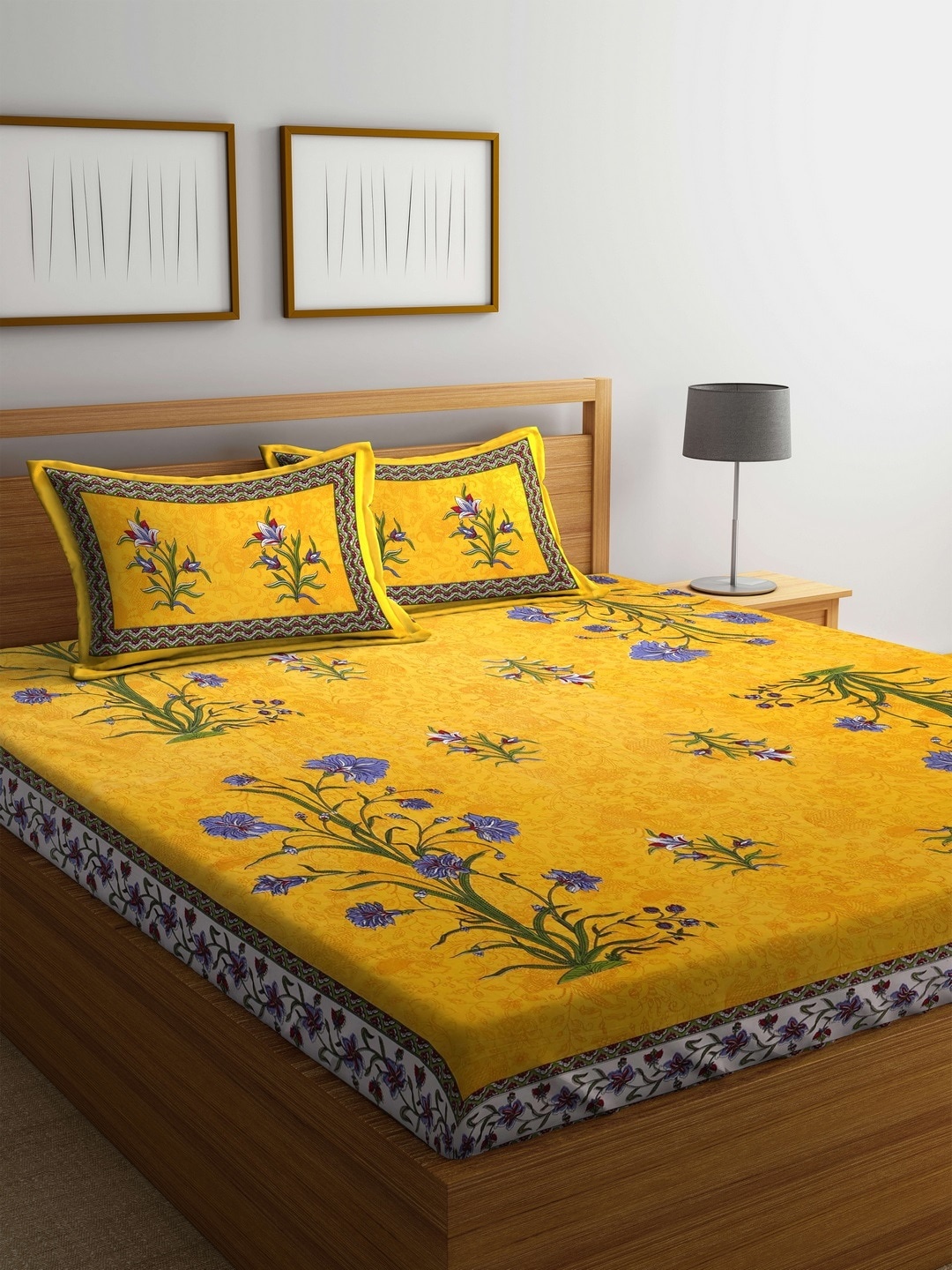 Rajasthan Decor Yellow Floral Flat 144 TC Cotton 1 King Bedsheet with 2 Pillow Covers