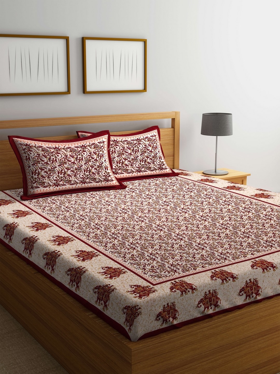 

Rajasthan Decor Beige & Maroon Abstract Flat 144 TC Cotton 1 King Bedsheet with 2 Pillow Covers