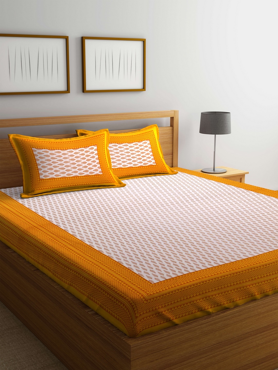

Rajasthan Decor Off-White & Mustard Abstract Flat 144 TC Cotton 1 King Bedsheet with 2 Pillow Covers