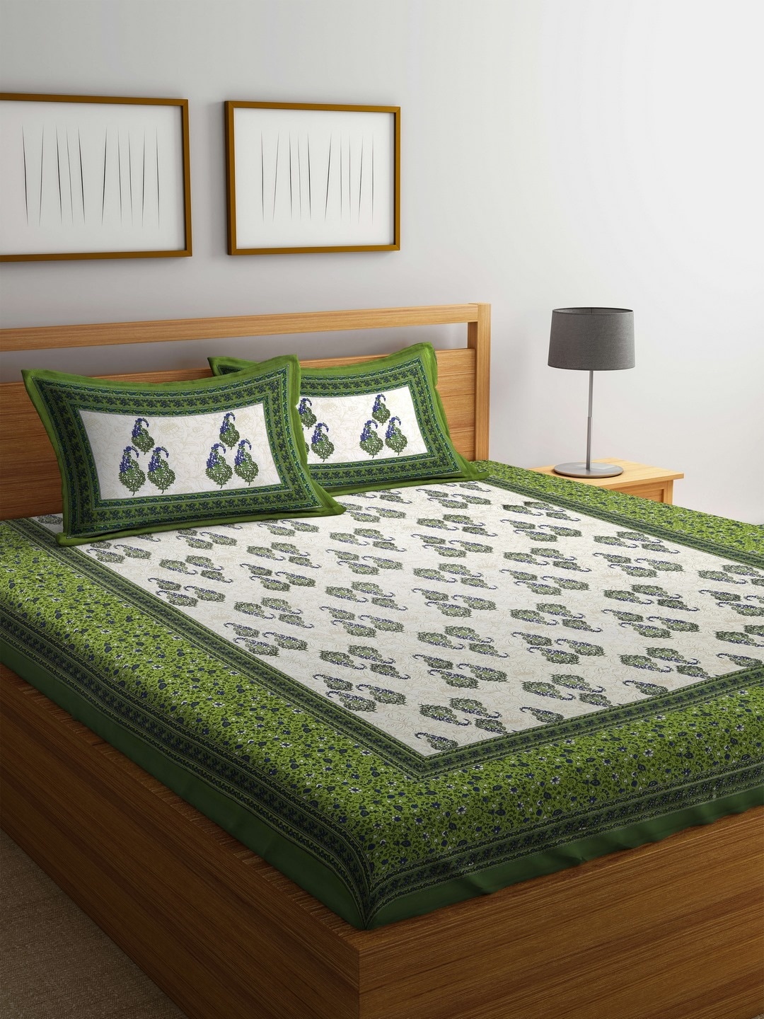 

Rajasthan Decor Off-White & Green Abstract Flat 144 TC Cotton 1 King Bedsheet with 2 Pillow Covers