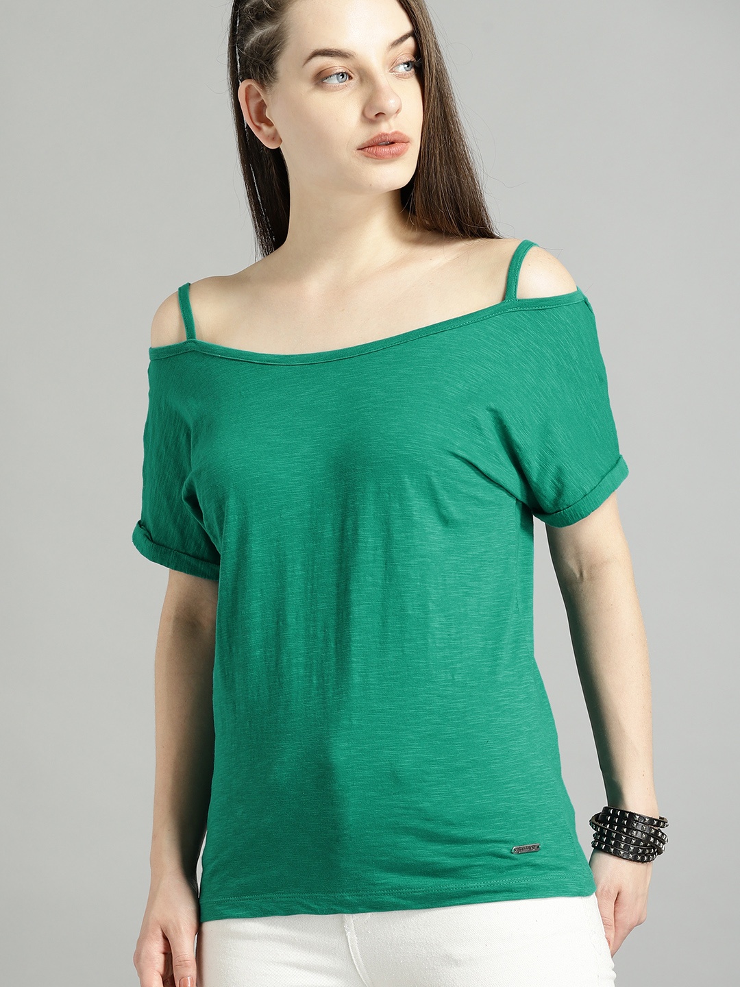

Roadster Women Green Solid Pure Cotton Top