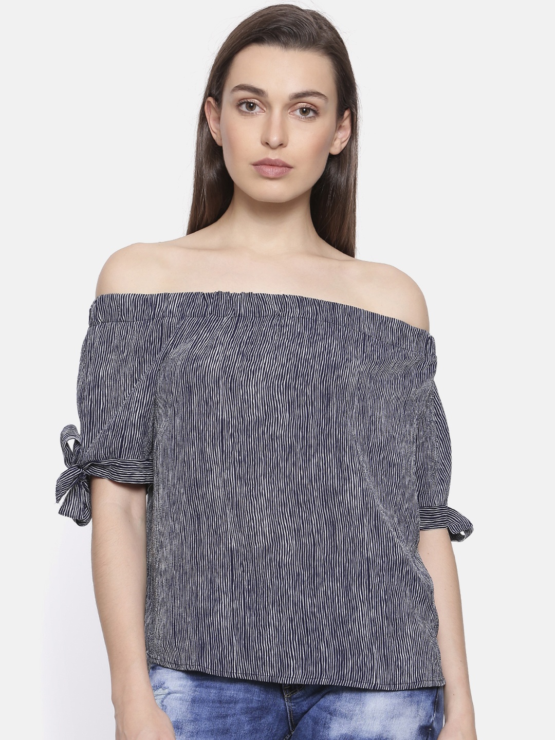 

Ginger by Lifestyle Women Blue & White Striped Bardot Top