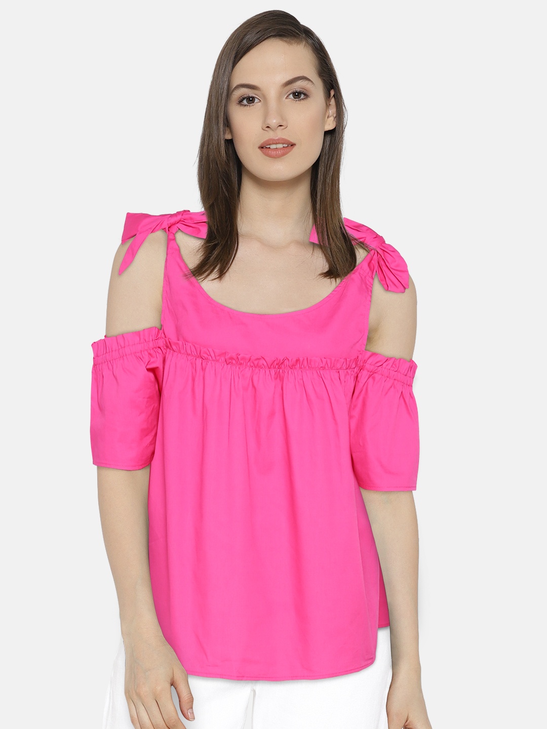 

Ginger by Lifestyle Women Pink Solid Cold-Shoulder Top