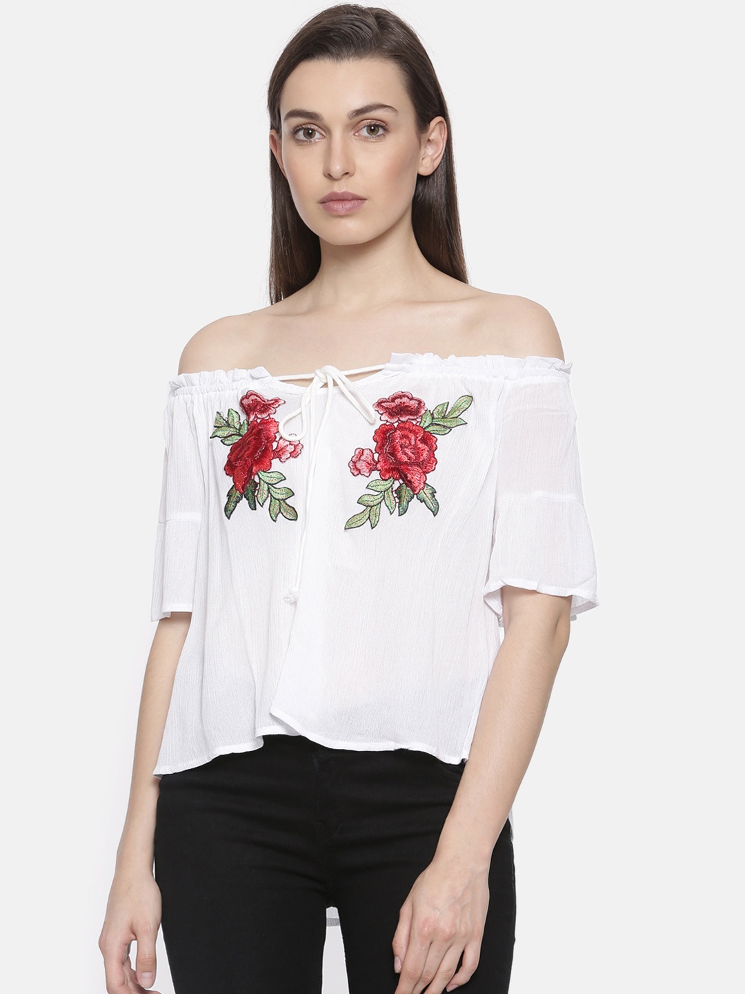 

Ginger by Lifestyle Women White Embroidered Bardot Top