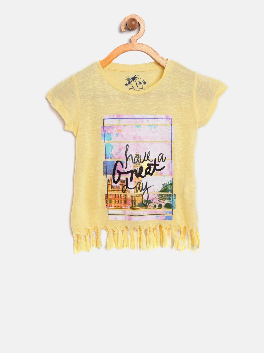 

Lee Cooper Girls Yellow Printed Semi-Sheer Fringed Top