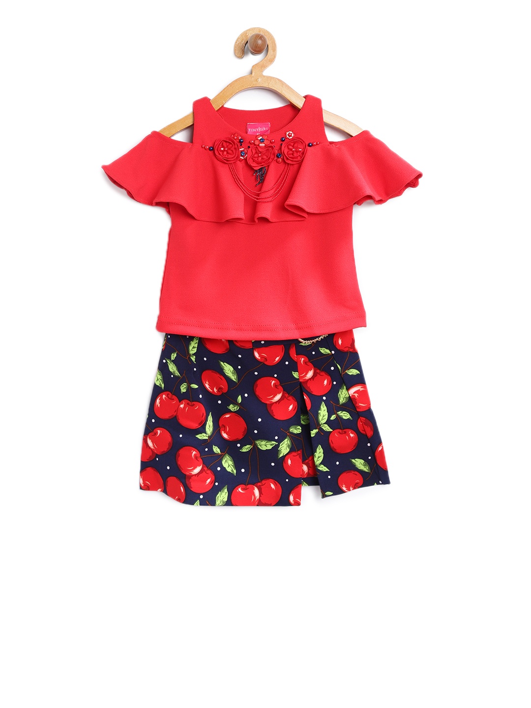 

Tiny Girl Red & Blue Solid Top with Skirt