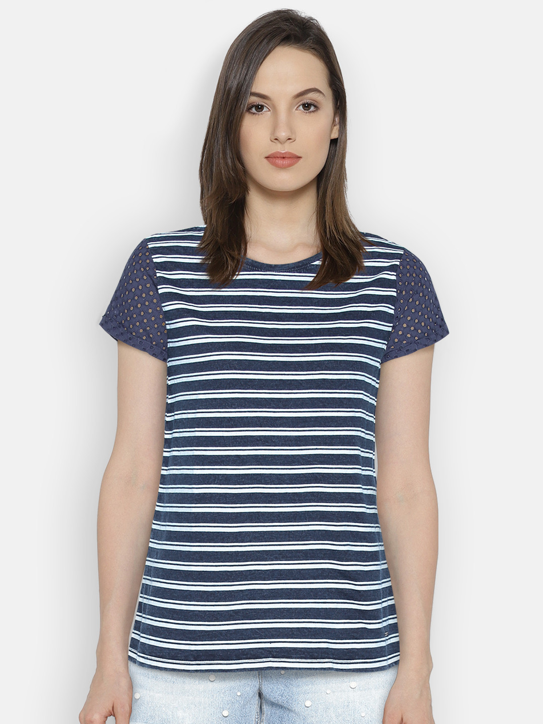 

Pepe Jeans Women Navy Blue & White Striped Round Neck T-shirt