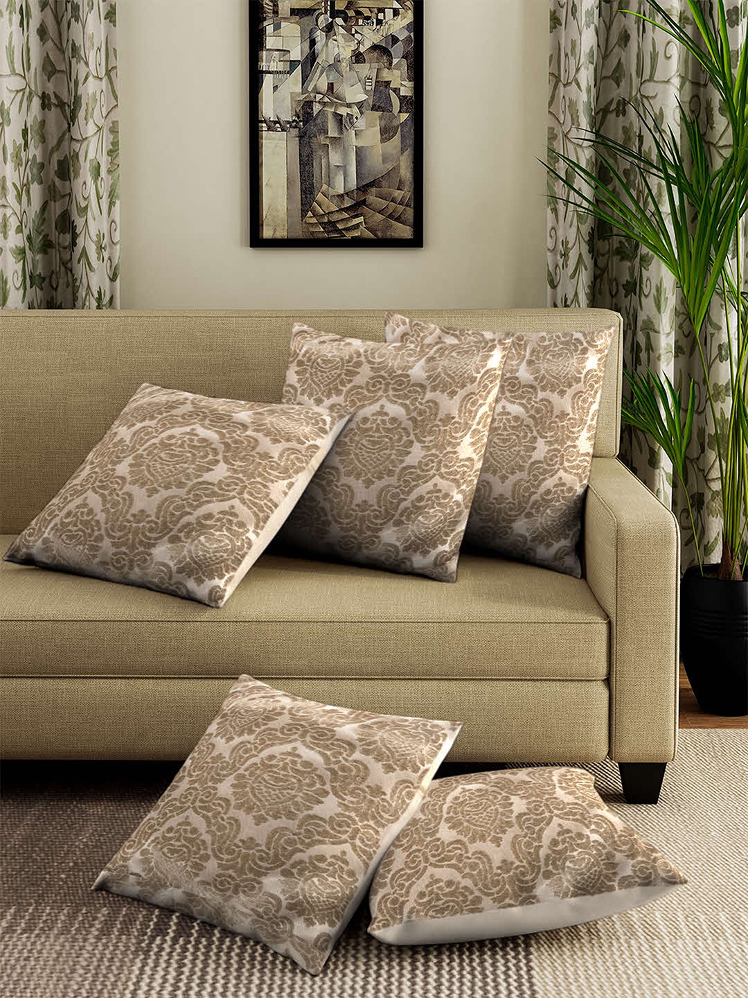 

ROMEE Beige Set of 5 Ethnic Motifs Square Cushion Covers