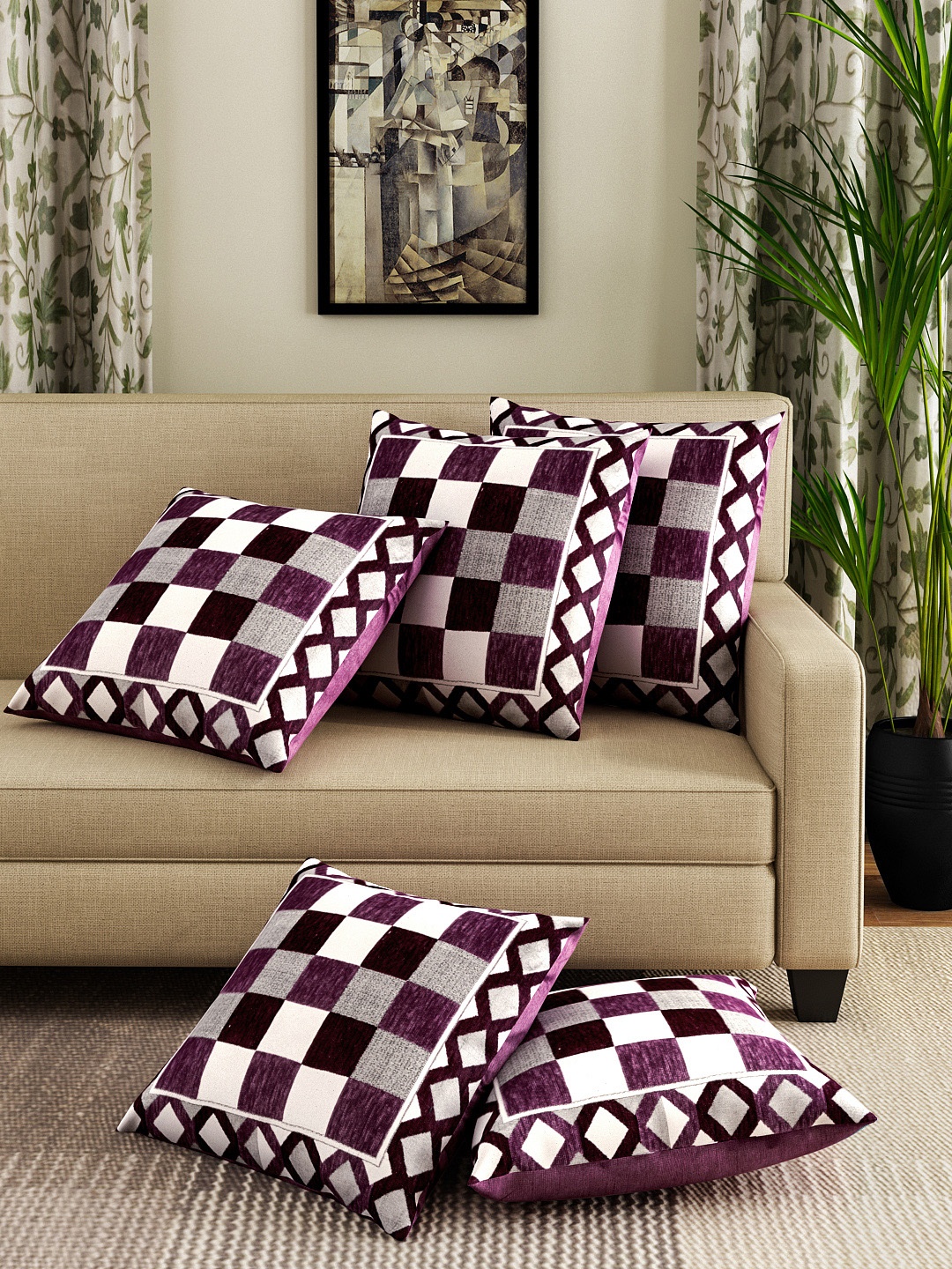 

ROMEE Purple Set of 5 Geometric Square Cushion Covers