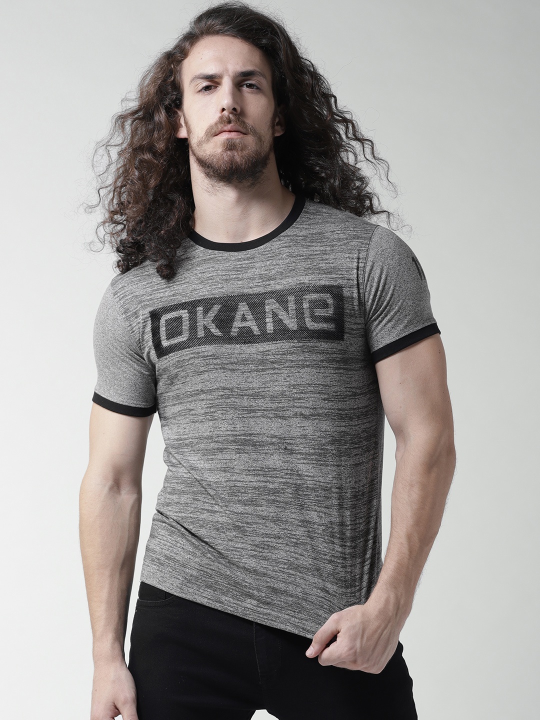 

Okane Men Grey Melange Printed Round Neck T-shirt