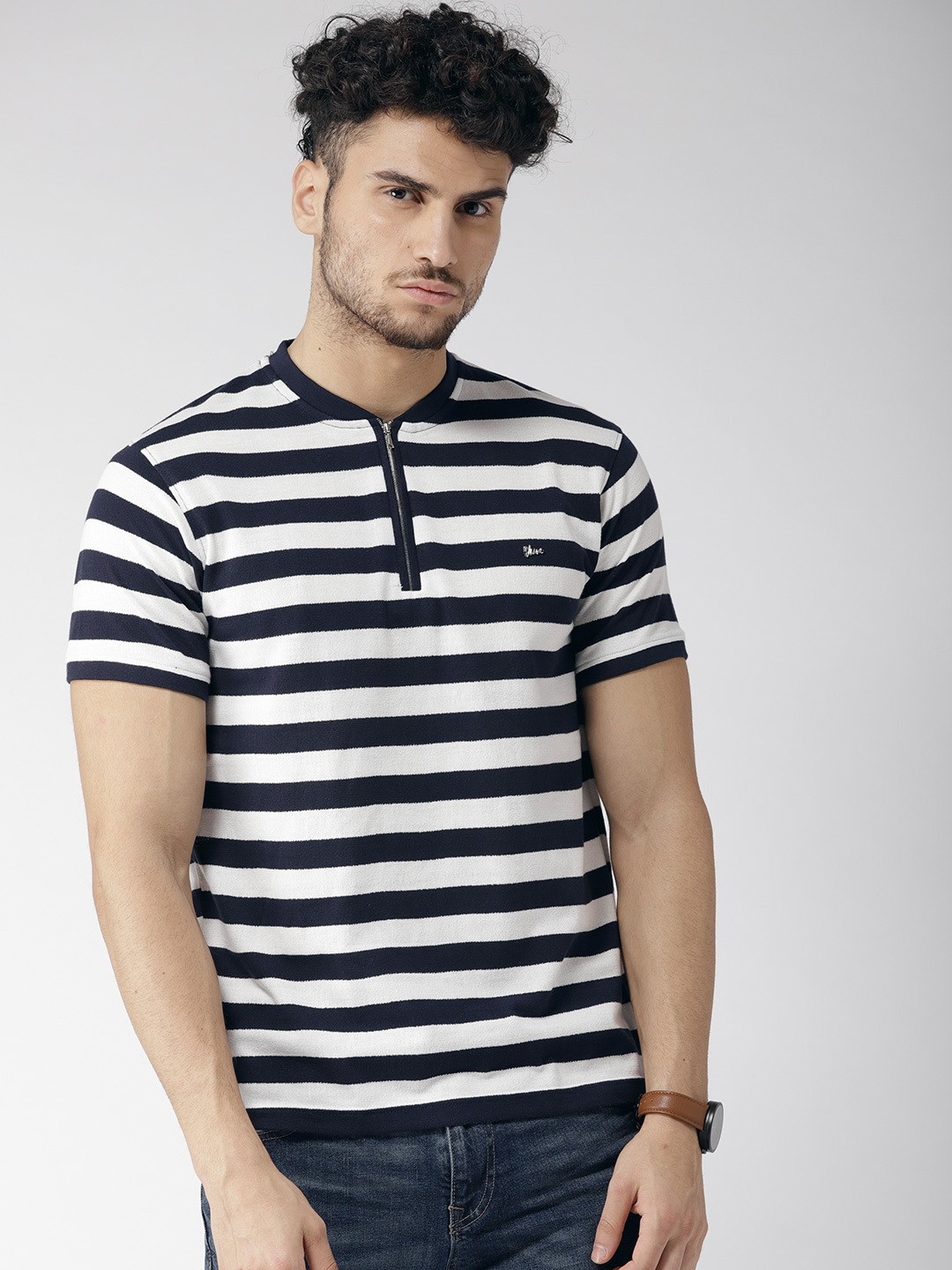 

Okane Men Navy Blue & White Striped Stand Collar T-shirt