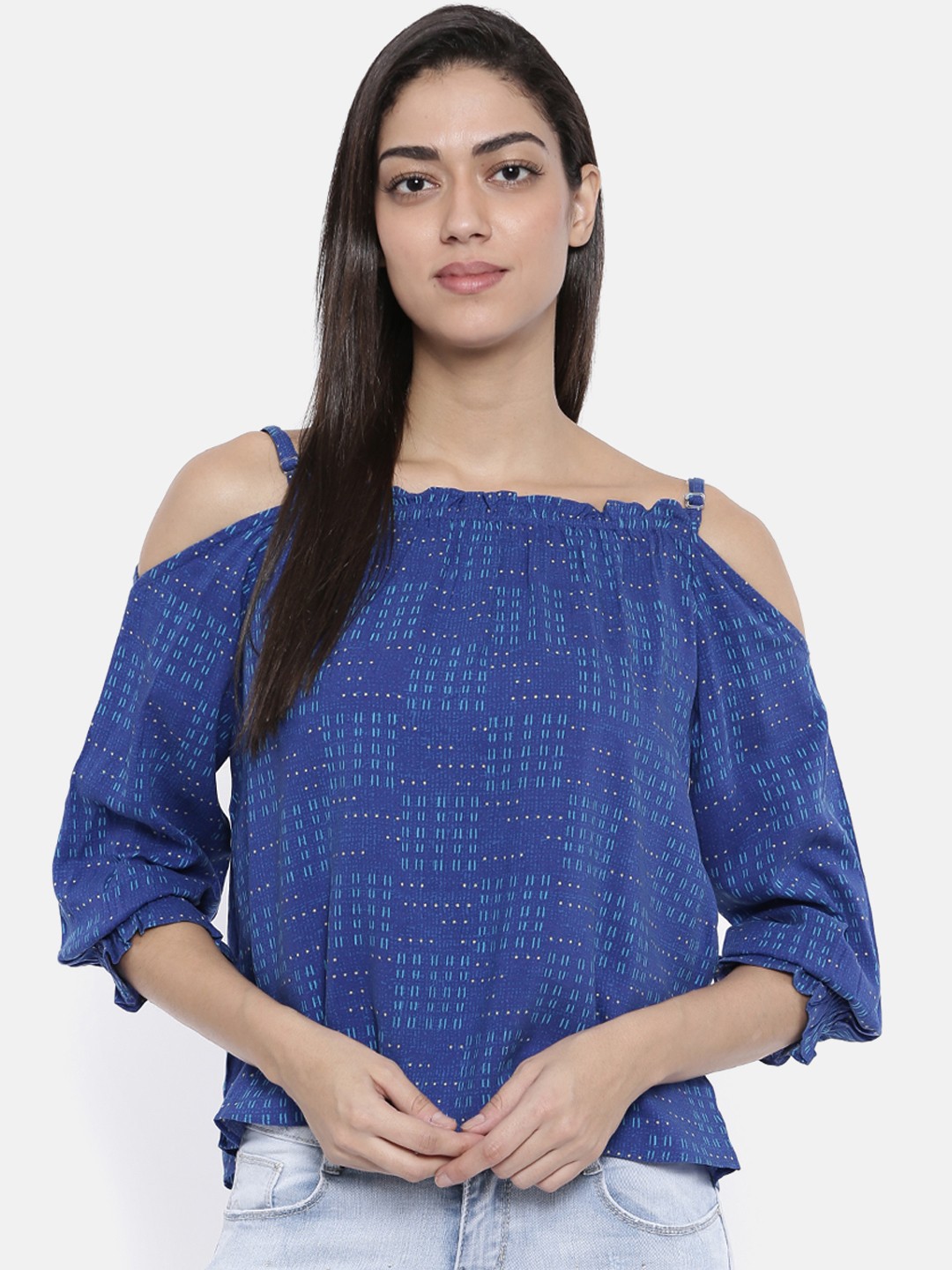 

Global Desi Women Blue Solid Cold-Shoulder Top
