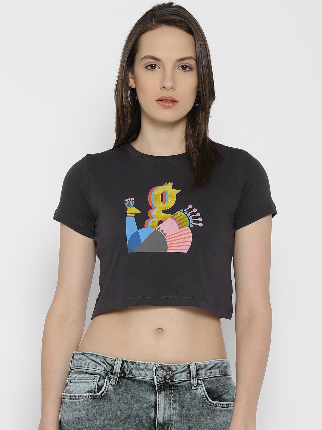 

Global Desi Women Charcoal Grey Printed Round Neck Crop T-shirt