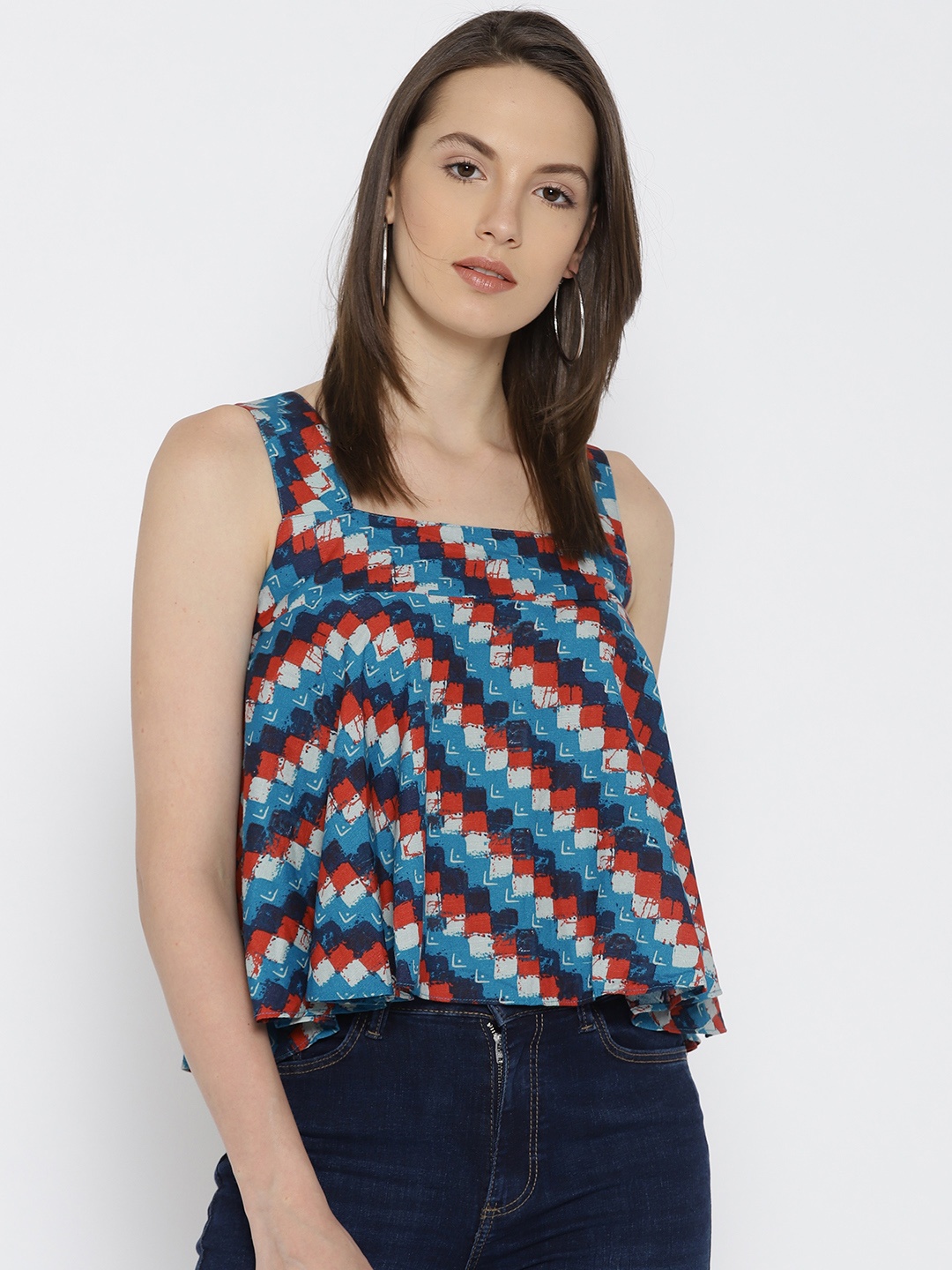 

Global Desi Women Blue & Red Printed A-Line Top