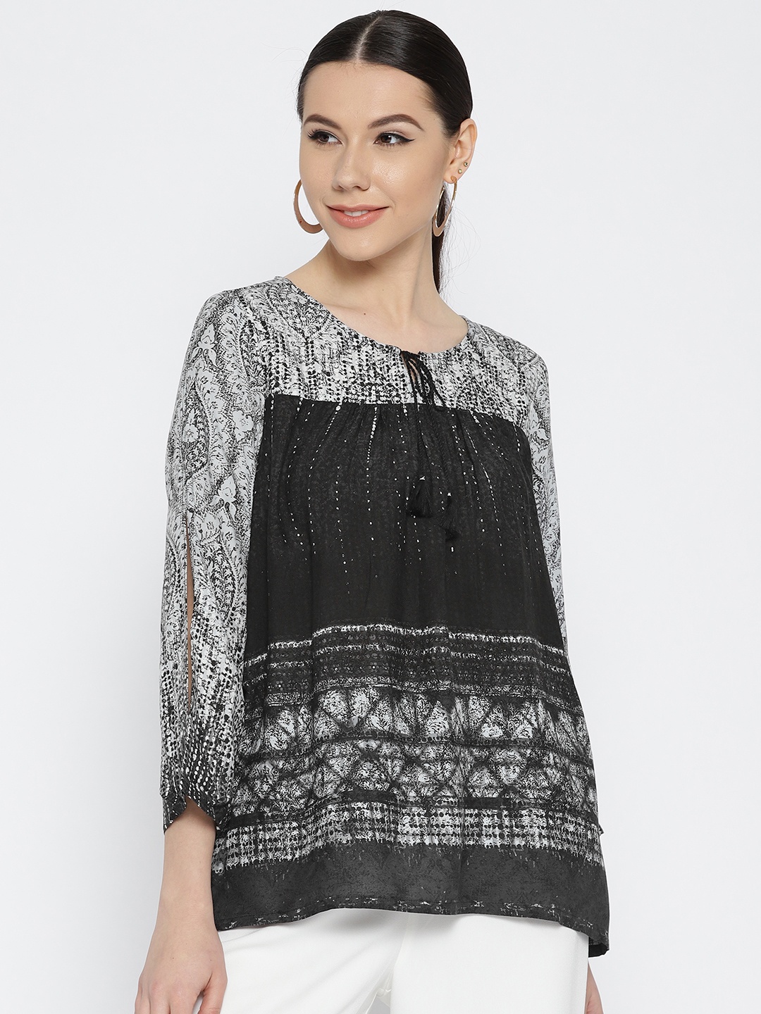 

Global Desi Women Black Printed A-Line Top