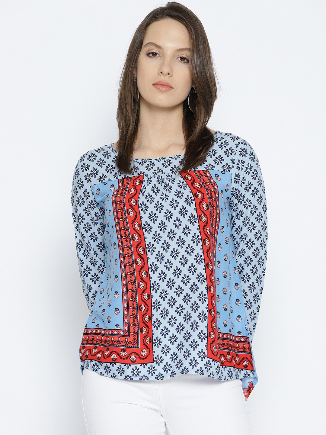 

Global Desi Women Blue & Red Printed High-Low Top