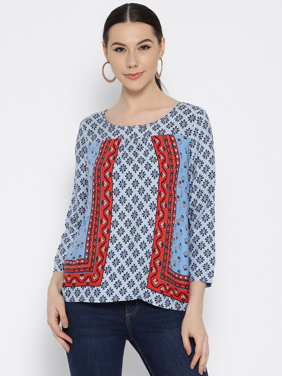

Global Desi Women Blue Printed A-Line Top