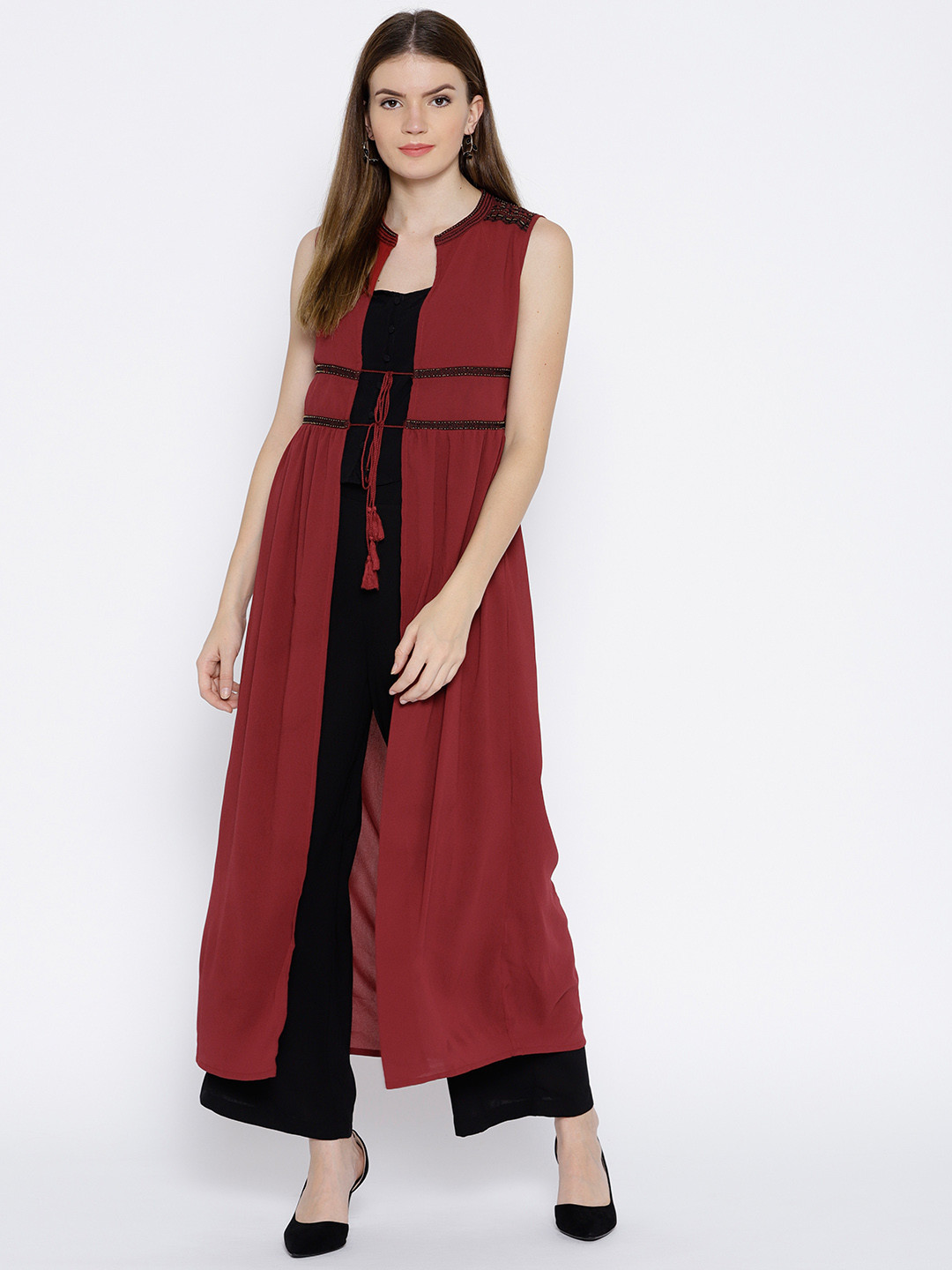 

Global Desi Maroon Solid Open Front Shrug