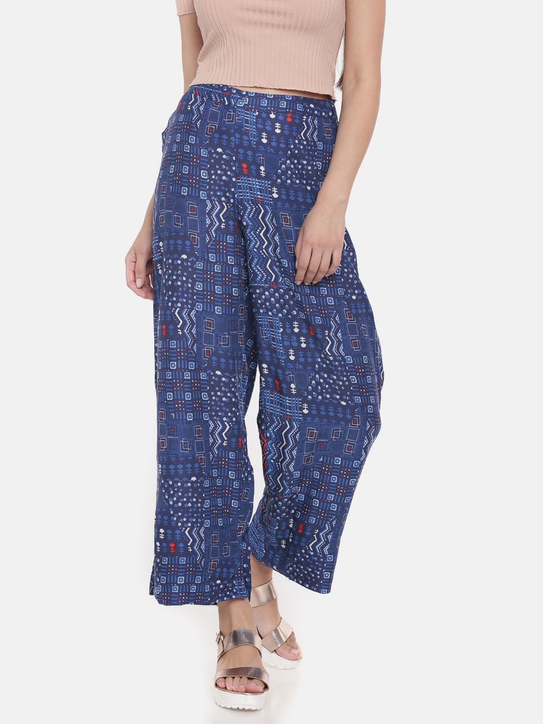 

Global Desi Women Blue Original Regular Fit Printed Regular Trousers