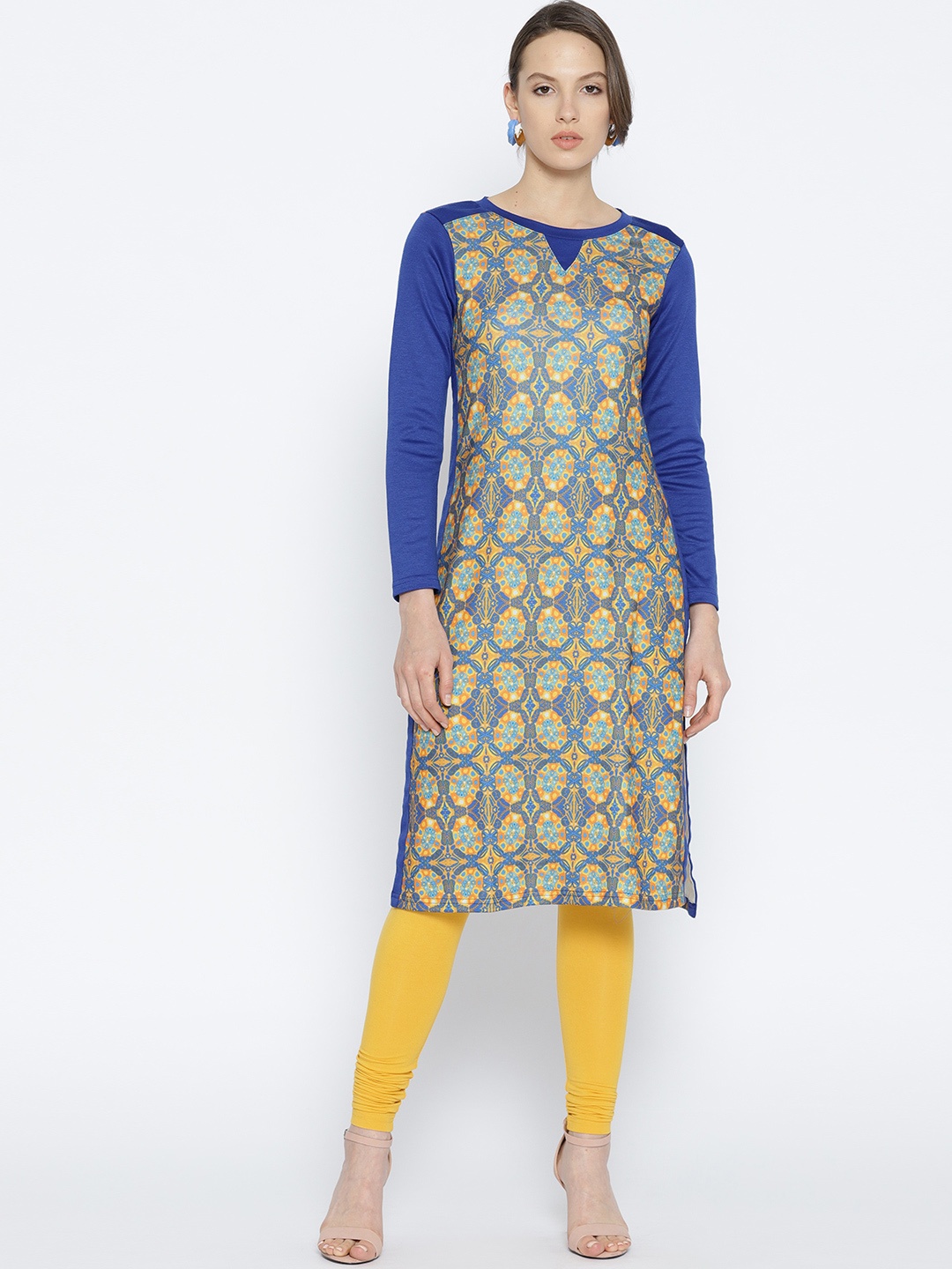 

Global Desi Women Blue & Yellow Printed Straight Kurta