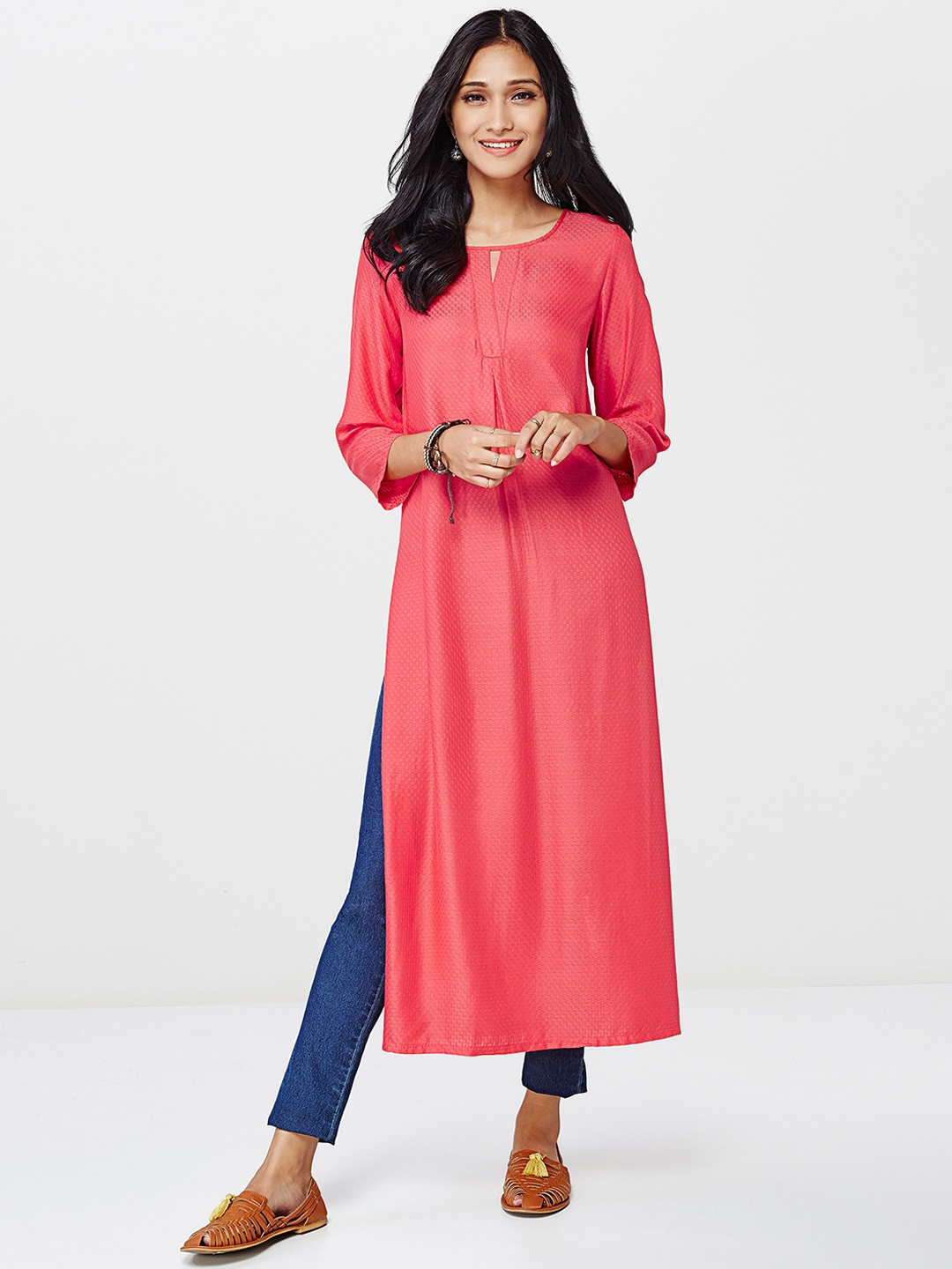 

Global Desi Women Coral Pink Woven Design Straight Kurta