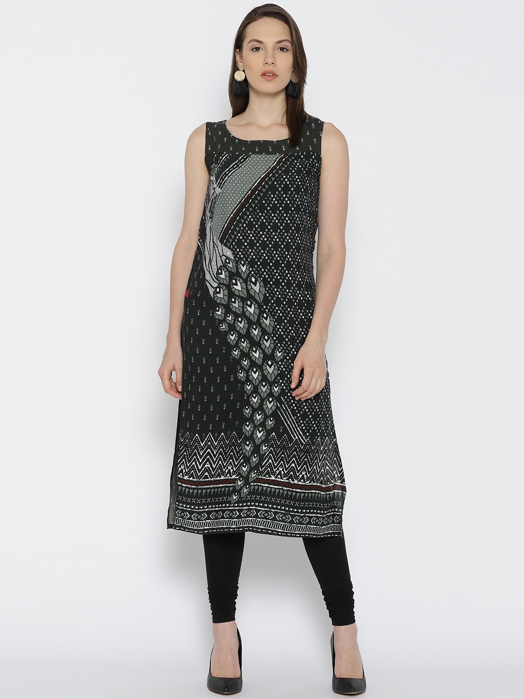 

Global Desi Women Charcoal Grey Printed Straight Kurta