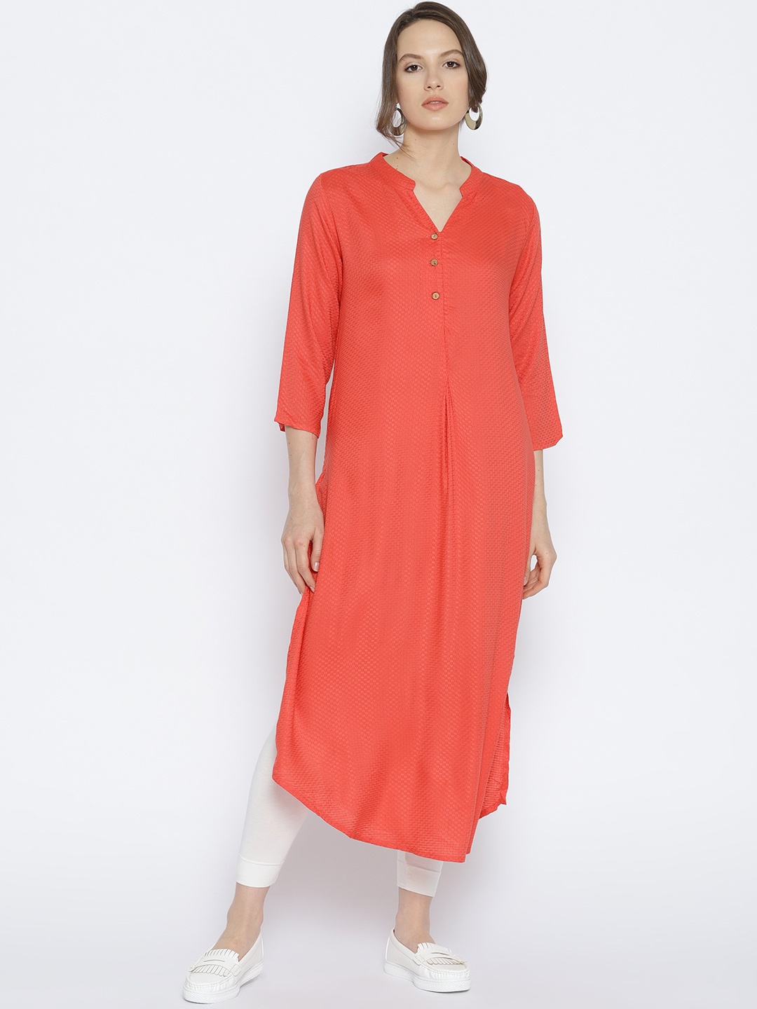 

Global Desi Women Coral Pink Woven Design Straight Kurta