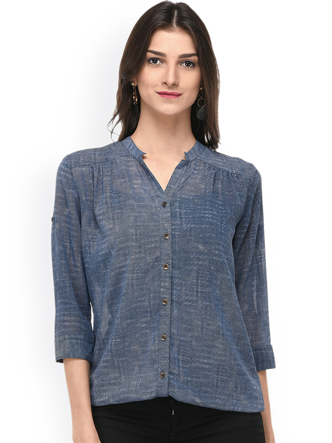 

PURYS Women Blue Printed Comfort Regular Fit Casual Shirt