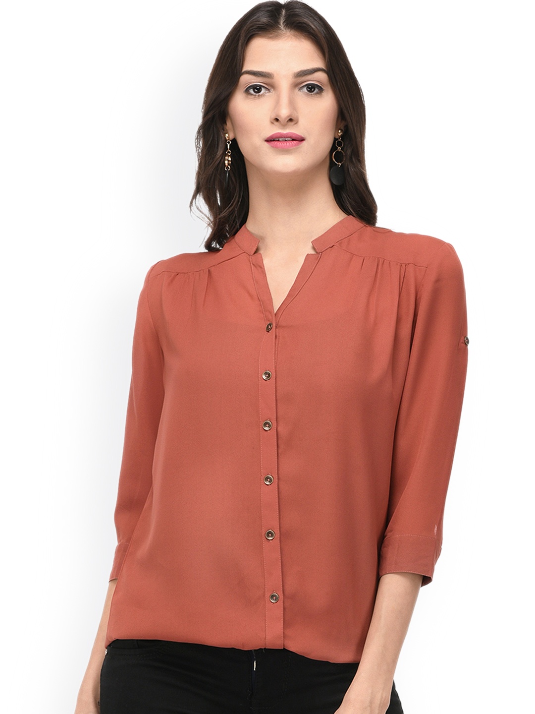

PURYS Women Rust Brown Solid Casual Shirt