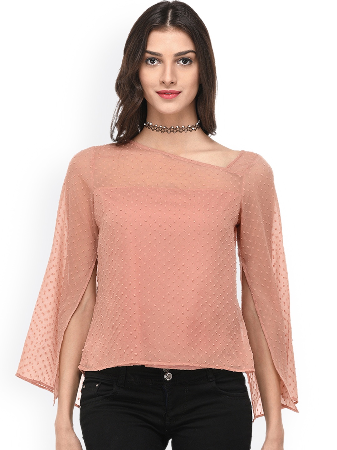 

PURYS Women Peach-Coloured Self Design Top