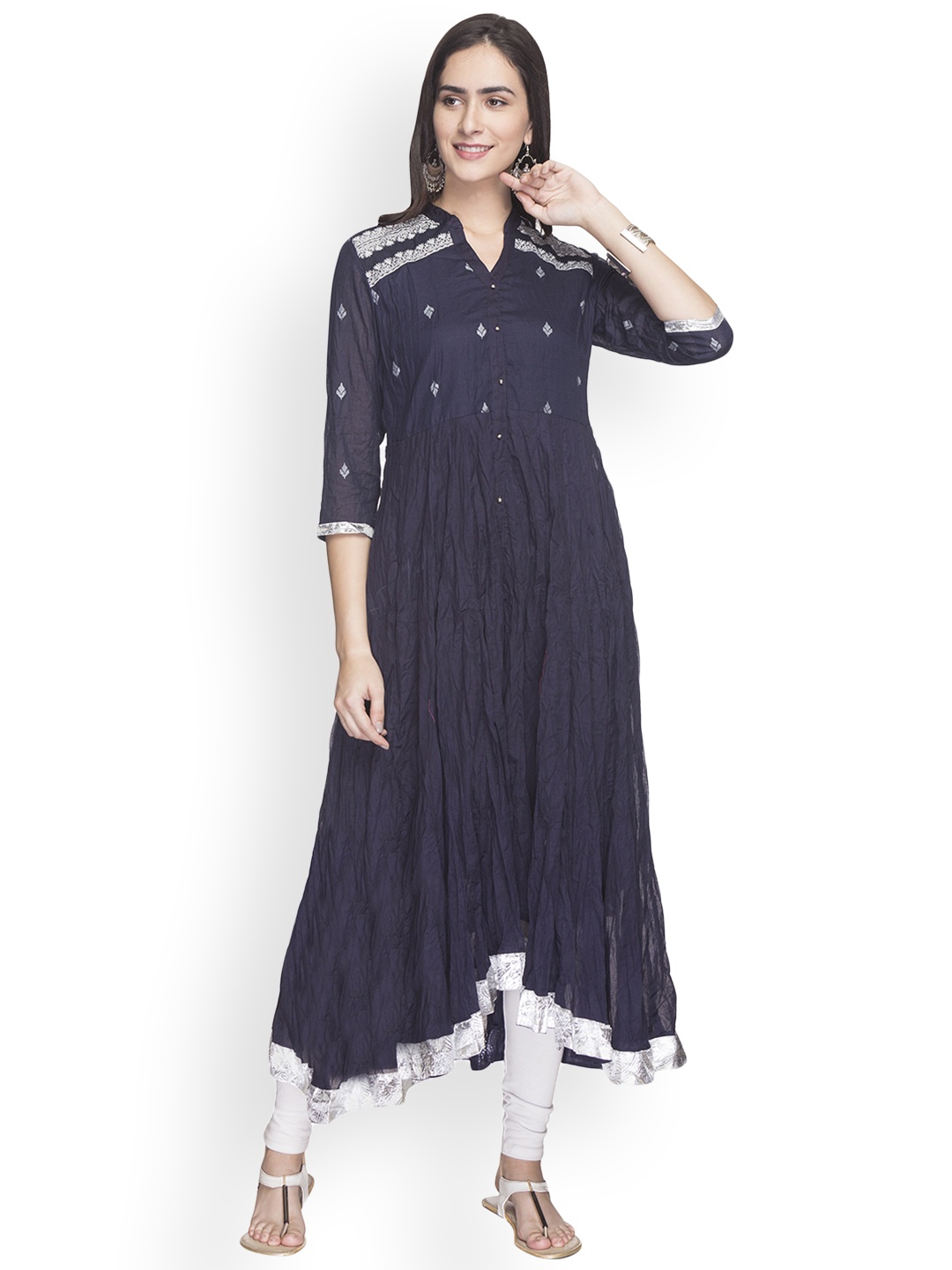 

Globus Women Navy Blue & Silver-Toned Embroidered A-Line Kurta