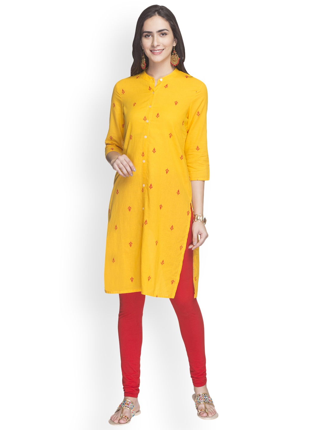 

Globus Women Yellow & Red Woven Design Straight Kurta