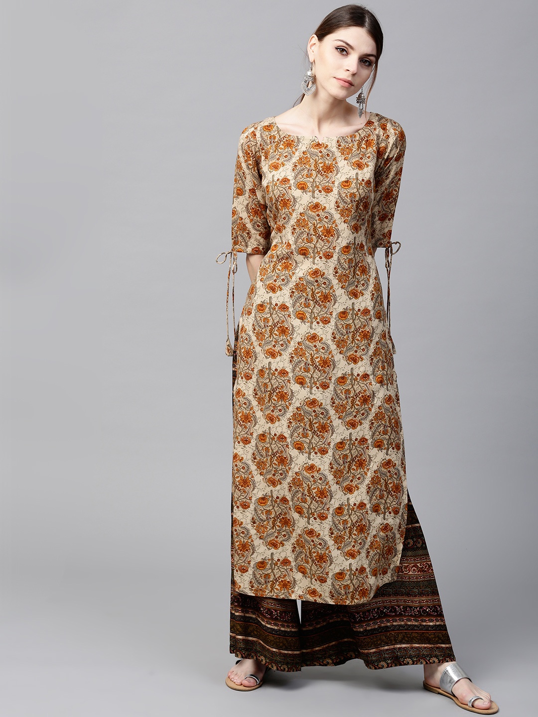 

GERUA Women Cream-Coloured & Olive Green Printed Kurta with Palazzos