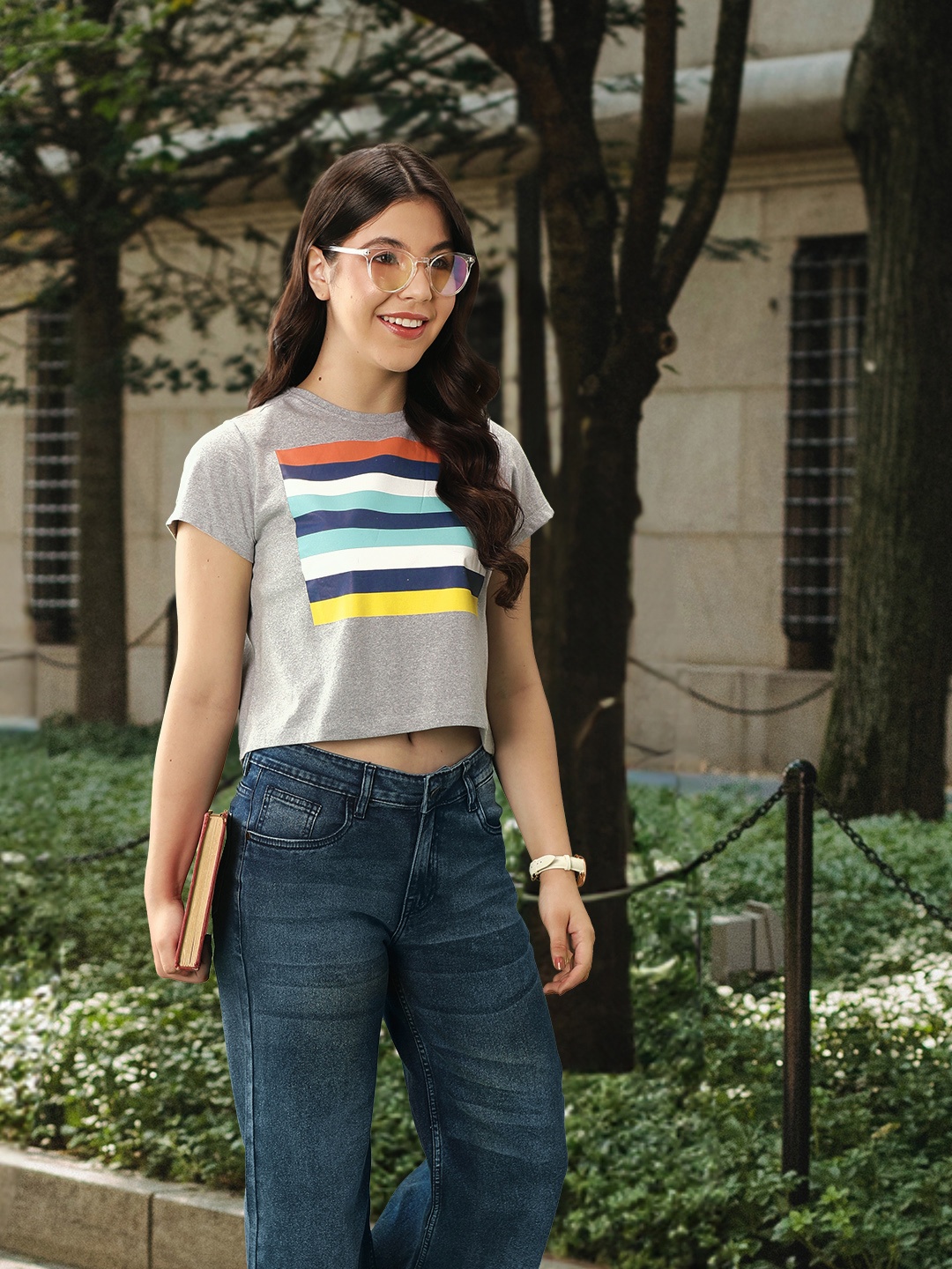 

Harvard Women Grey Melange Striped Round Neck T-shirt