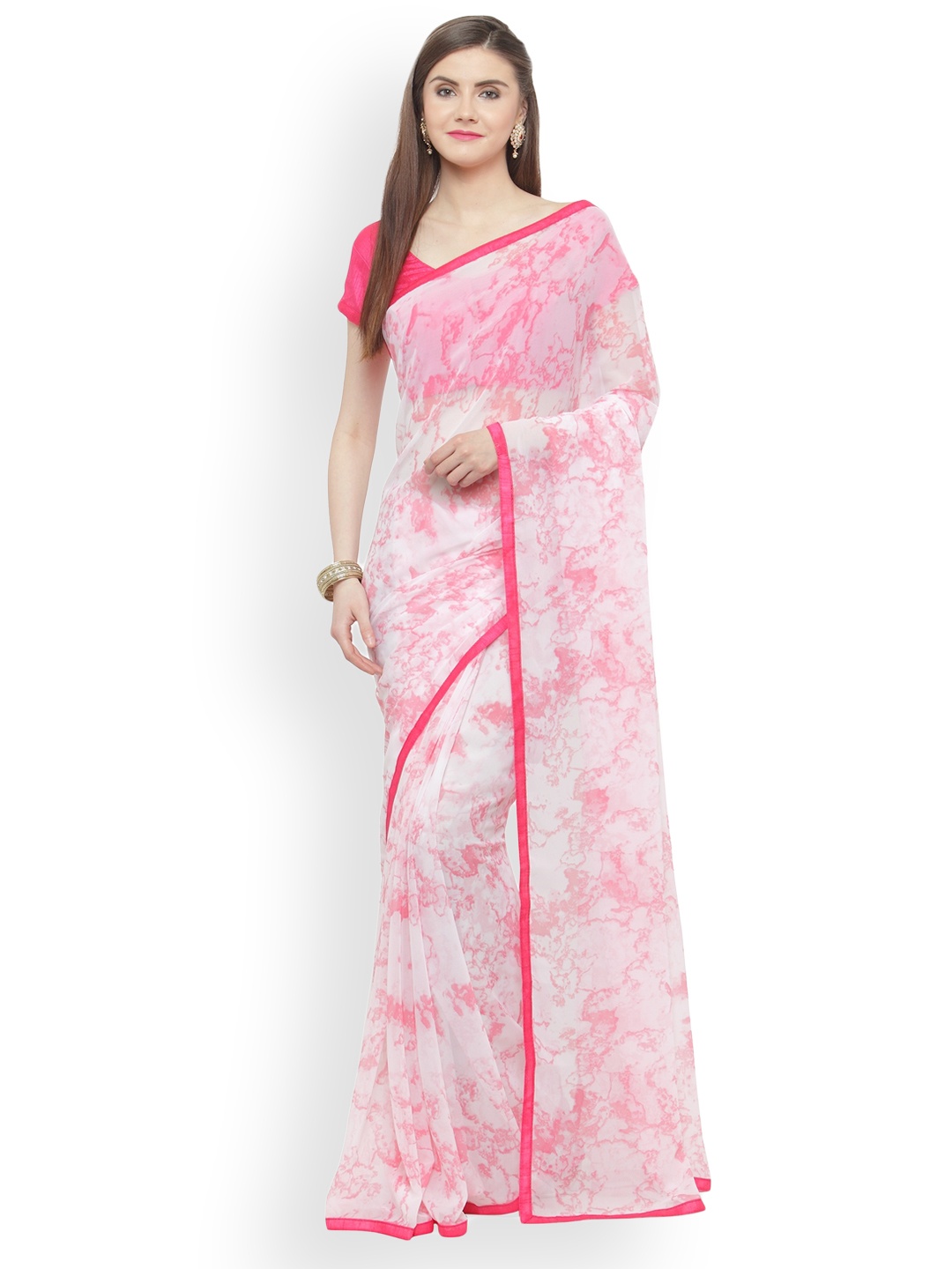 

Shaily Pink & White Pure Georgette Printed Saree