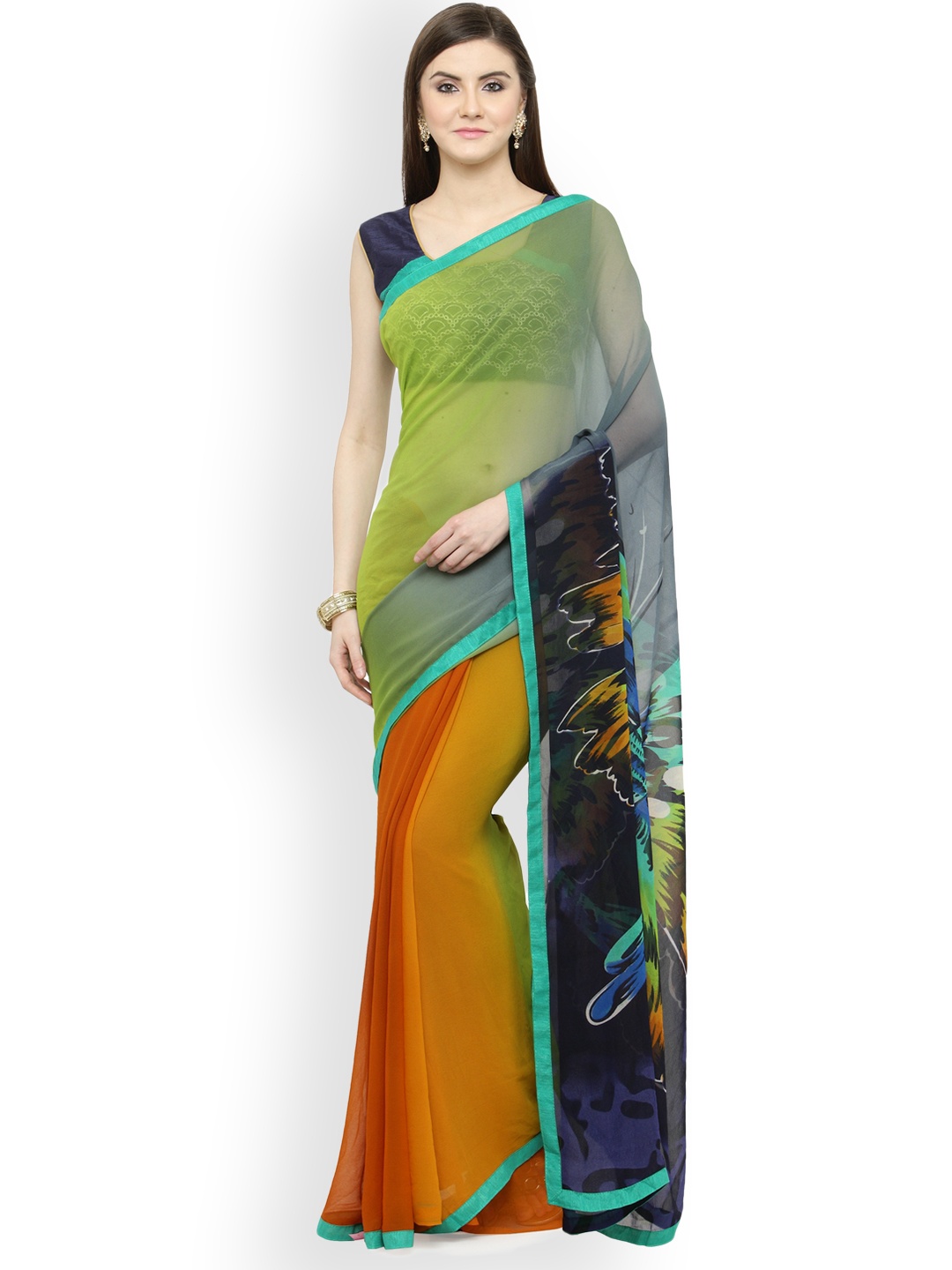 

Shaily Green & Orange Pure Georgette Printed Saree