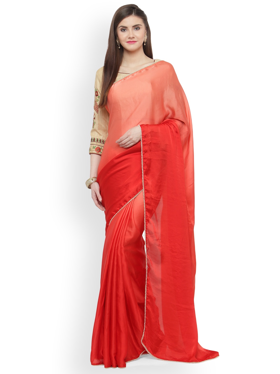 

Shaily Red Embellished Satin Saree