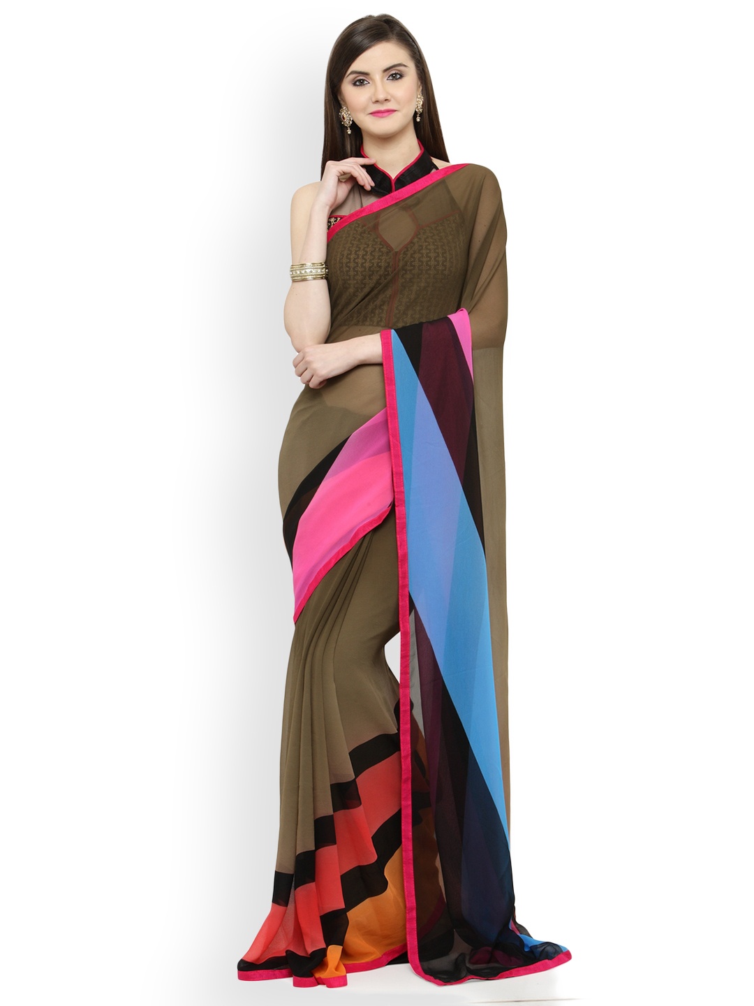 

Shaily Brown & Blue Pure Georgette Printed Saree